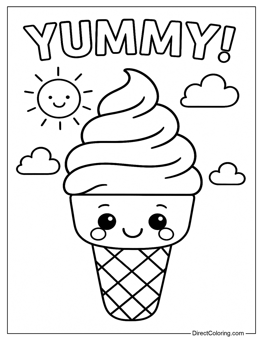 a coloring page of an ice cream cone with round eyes, rosy cheeks, and a big smile.